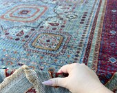 8x10 (245x305) Handmade Afghan Rug Sage Teal Maroon Blue Green Orange Turkish Oushak Heriz Serapi Mamluk Oriental Persian Wool Boho