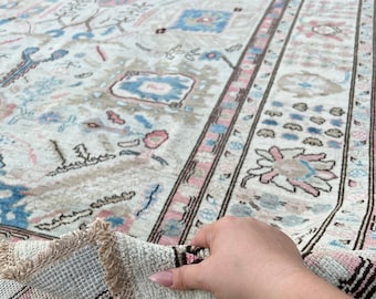 9x12 (275x365) Handmade Afghan Rug | Ivory Beige Pink Blue Black Green Grey | Turkish Oushak Persian Heriz Wool Boho Hand Knotted Serapi