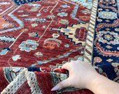 10x14 Handmade Afghan Rug Brick Red Burnt Orange Sage Navy Blue Baby Sky Blue Oushak Serapi Turkish Persian Tribal Oriental Boho Wool