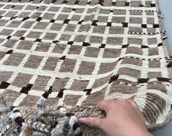 6x10 - 7x10 Handmade Afghan Moroccan Rug | Brown Beige Ivory Grey | Berber Beni Plush Turkish Wool Oushak Ourain Woolen Contemporary Boho