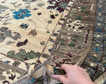 10x13 Handmade Afghan Turkish-Oushak Rug | Cream Beige Eggplant Grey Sage Moss Green Tuquoise | Heriz Hand Knotted Oushak Persian Oriental