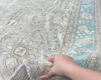 10x13 Handmade Afghan Rug | Muted Neutral Pastel Light Warm Grey Charcoal Teal Tan Brown Turquoise | Knotted Oushak Persian