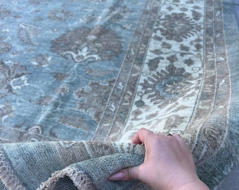 10x14 Handmade Afghan Rug | Muted Neutral Teal Blue Cream Beige Ivory Dirty White | Turkish Oushak Persian Heriz Serapi Floral