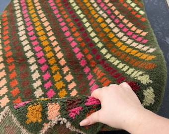 3x10 (90x305) Handmade Vintage Baluch Afghan Runner Rug | Fern Green Blush Pink Turquoise Blue Mustard Rose Pink Chocolate | Geometric Wool