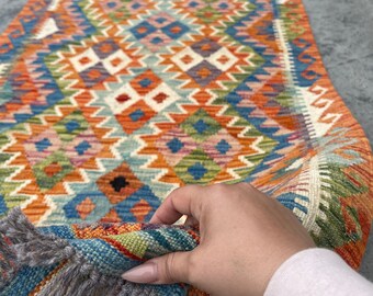 3x13 (90x395) Handmade Afghan Kilim Rug Runner | Orange Salmon Pink Blue Green White Purple | Flatweave Tribal Oriental Boho Wool Turkish