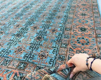 9x12 (275x365) Handmade Afghan Rug | Sky Denim Baby Blue Terracotta Rust Charcoal Grey | Hand Knotted Woven Wool Tribal Oriental Luxury Boho