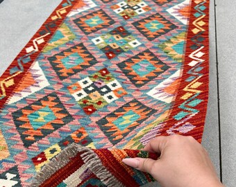 3x7 ハンドメイド アフガニスタン キリム ランナー ラグ | バーント