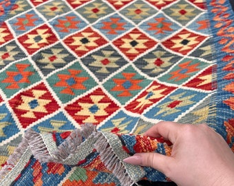 3x5 (150x120) Handmade Afghan Kilim Rug | Denim Blue Burnt Orange Brick Red Olive Green Teal Black Sky Blue | Geometric Flatweave Wool