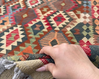 7x10 (215x305) Handmade Afghan Kilim Flatweave Rug | Orange Brown Red Ivory | Boho Tribal Moroccan Outdoor Wool Knotted Woven