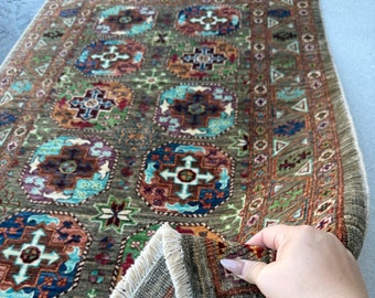 4x6 Handmade Afghan Rug | Earthy Khaki Olive Forest Green Burgundy Turquoise Navy Blue Lavender Purple Orange White Cream Brown Gabbeh Wool