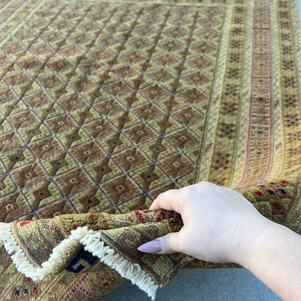 5x6 (150x180) Handgefertigter afghanischer Teppich | Olivgrün Karmesinrot Schokolade Mokka Goldbraun Gelb | Handgeknüpfte geometrische Wolle Perser