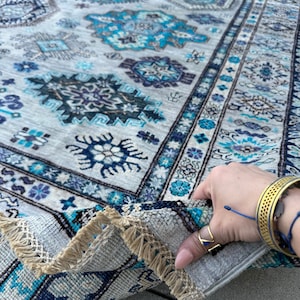 8x10 - 8x11 Handmade Afghan Rug | Grey Turquoise Navy Blue Charcoal Ivory Cream Moss Green Black | Hand Knotted Wool Persian Heriz Serapi