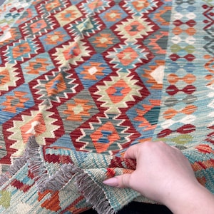 4x6 (150x180) Handmade Afghan Kilim Rug | Wine Blood Red Denim Blue Orange Mint Green Teal Olive Green Coral Orange Sky Blue Geometric Wool