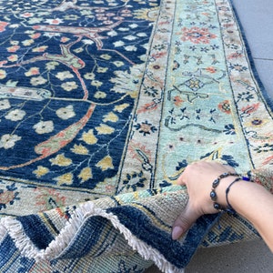 10x14 Handmade Afghan Rug | Midnight Blue Light Blue Yellow Olive Green Teal Blood Orange Black | Persian Bidjar Wool Knotted Oushak