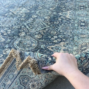 8x10 (245x305) Handmade Afghan Rug | Muted Charcoal Grey Cream Beige Teal Blue Turquoise Sage Green | Tribal Floral Wool Boho Hand Knotted