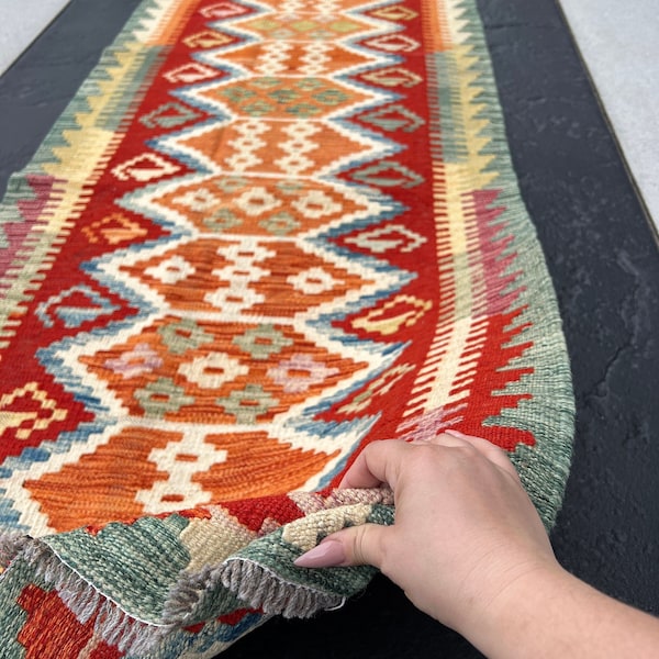 3x10 (90x335) Handmade Afghan Kilim Runner Rug | Crimson Red Burnt Orange Teal Olive Cream Beige Purple Mint Moss Green Turquoise Wool