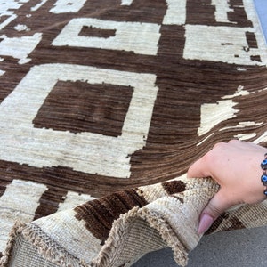 8x10 (240x300) Handmade Afghan Rug | Neutral Cream Beige Chocolate Brown | Abstract Geometric Persian Turkish Oriental Hand Knotted Wool