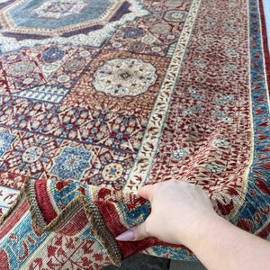 9x12 (275x365) Handmade Afghan Rug | Free Rug Pad | Brick Red Cream Beige Denim Blue Cream Ivory Beige | Wool Persian Mamluk Medallion Heriz