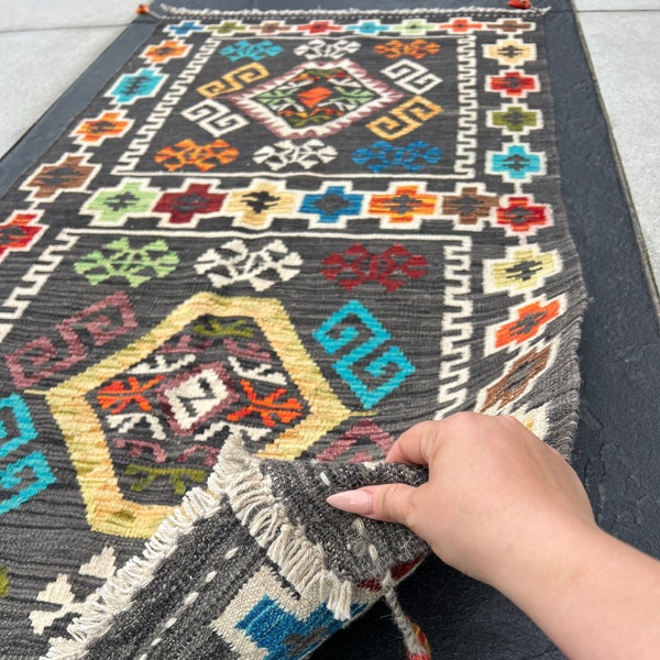 3x7~4x7 Handmade Afghan Kilim Rug | Charcoal Grey Ivory Cream Fire Orange Red Blue Yellow Maroon Green | Flatweave Flatwoven Persian Wool