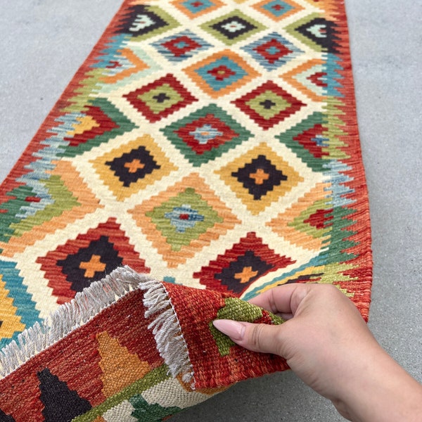 2x8 Handmade Afghan Kilim Runner Rug | Burnt Orange Yellow Teal Blue Olive Green Purple Grey Brick Red Tan Brown | Flatweave Wool Outdoor