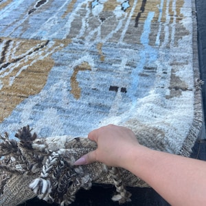7x11 Handmade Afghan Moroccan Rug | Tan Coffee Brown Grey Black Light Sky Blue Ivory Cream White | Berber Beni Plush Turkish Wool Oushak