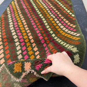 3x10 (90x305) Handmade Vintage Baluch Afghan Runner Rug | Fern Green Blush Pink Turquoise Blue Mustard Rose Pink Chocolate | Geometric Wool