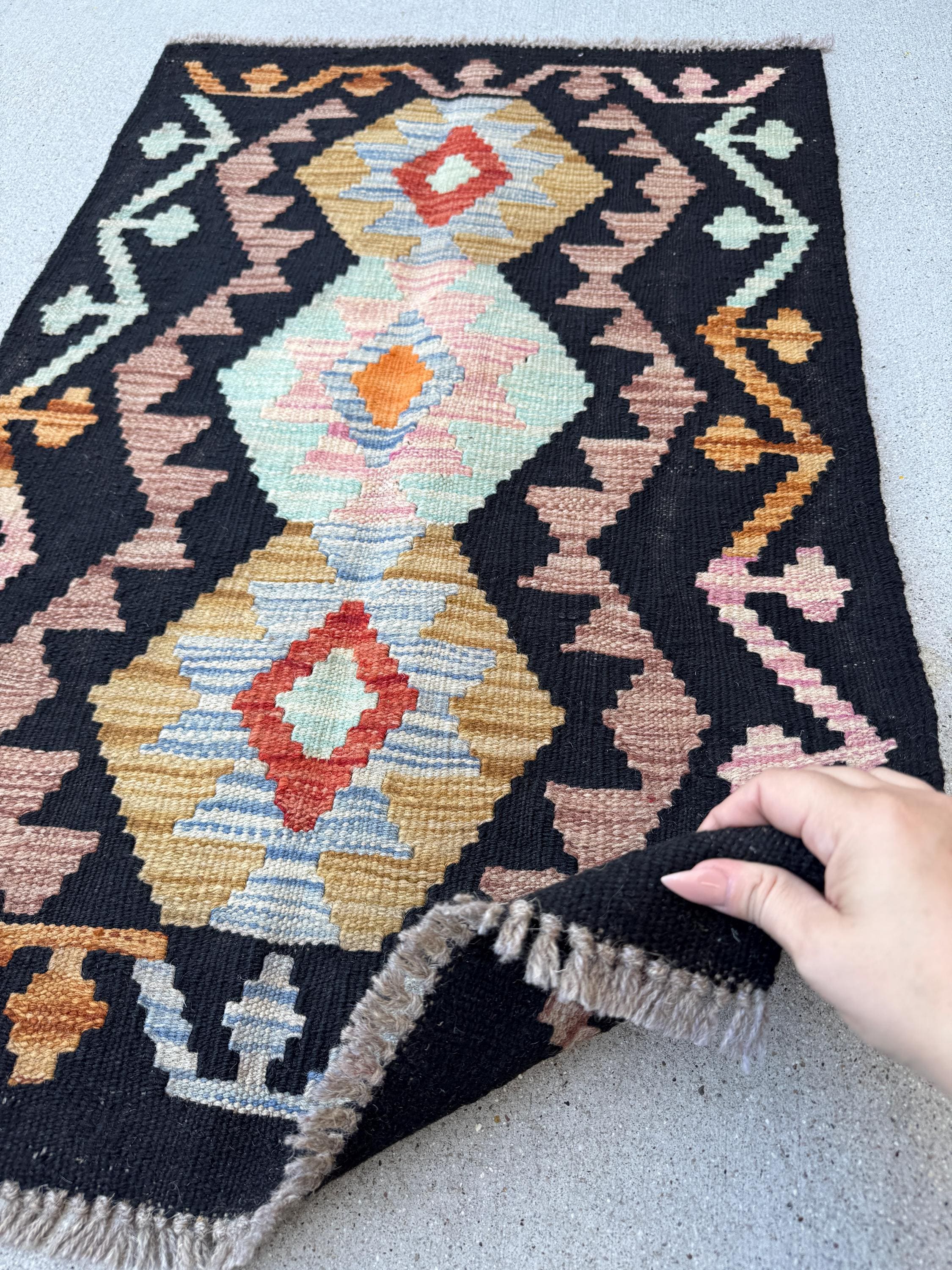 2x3 Handmade Afghan Kilim Rug | Black Chocolate Golden Brown Tan