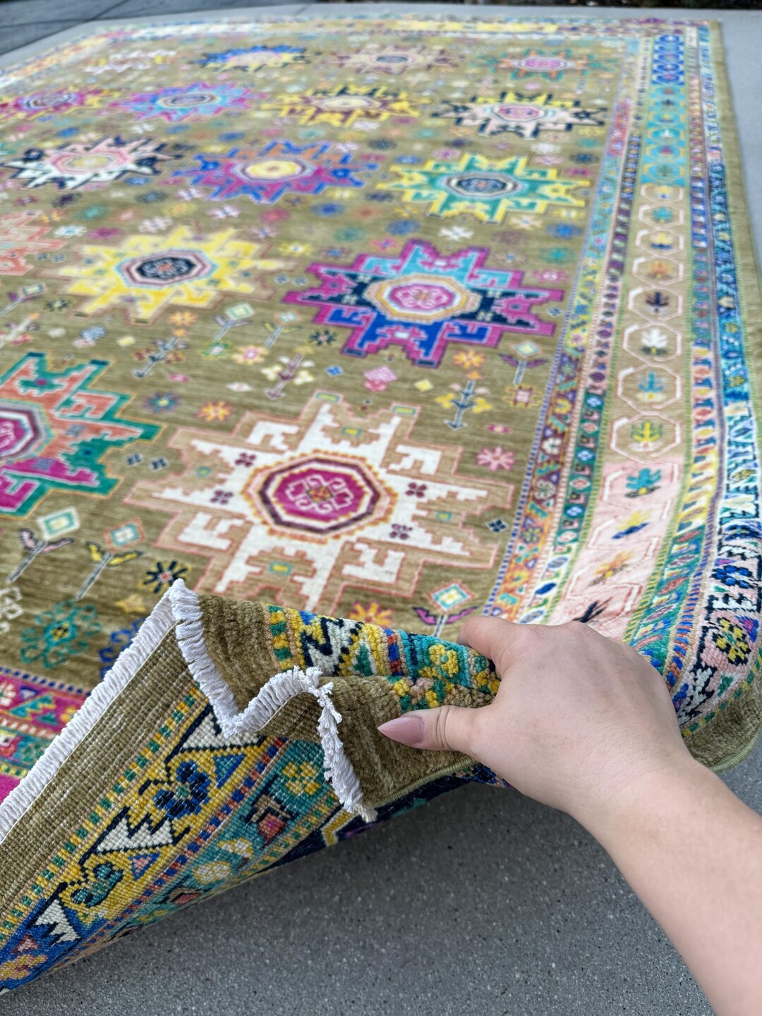 9x12 Hand Knotted Afghan Rug | Chartreuse Moss Pine Green Yellow