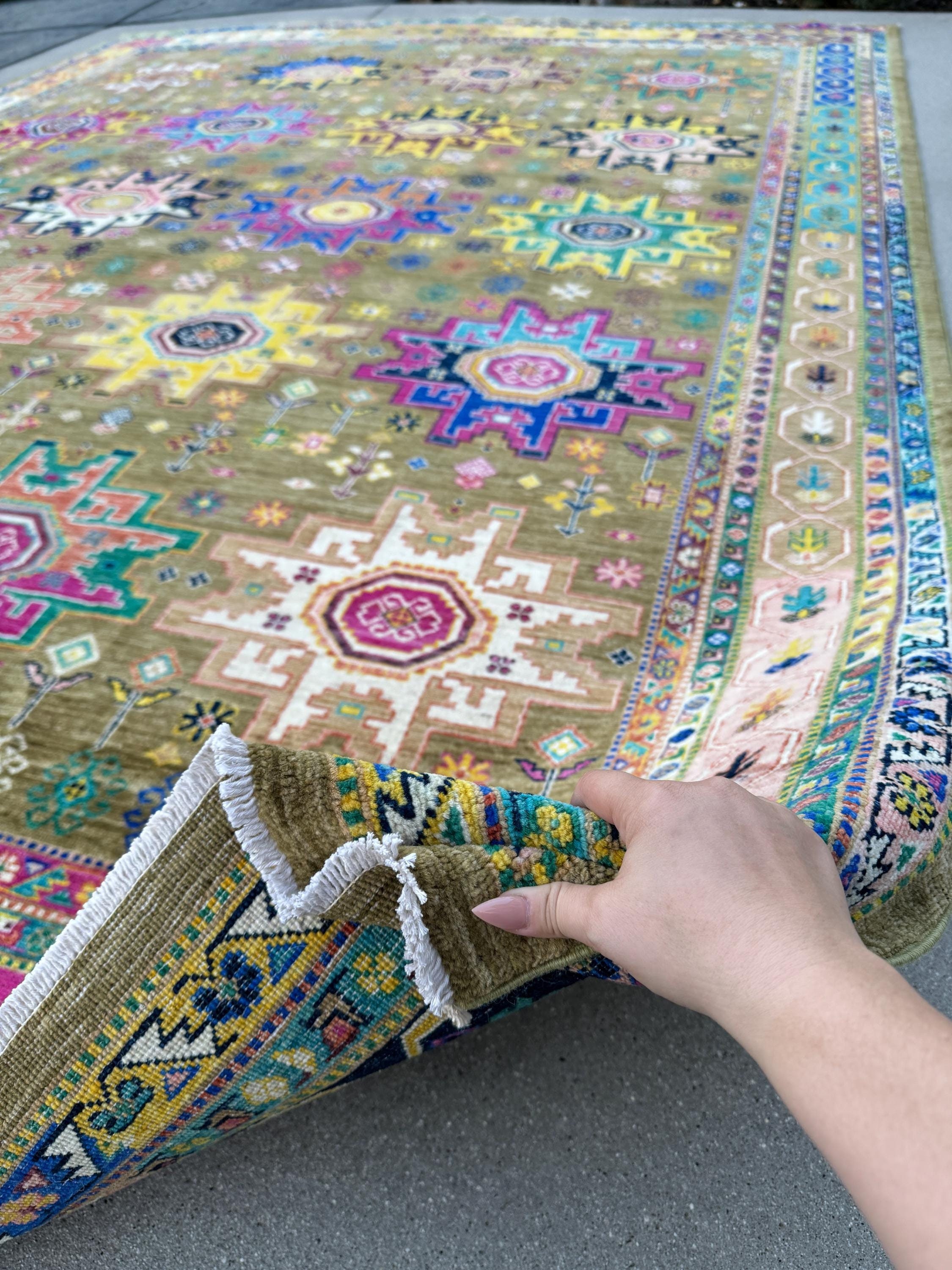 9x12 Hand Knotted Afghan Rug | Chartreuse Moss Pine Green Yellow
