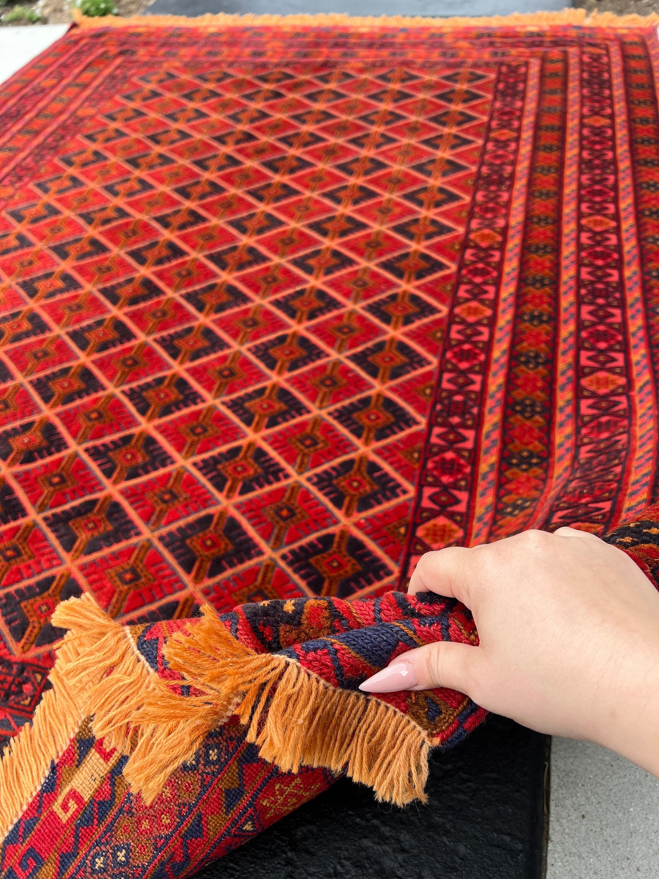 5x7 (150x215) Handmade Afghan Rug | Cherry Red Orange Black