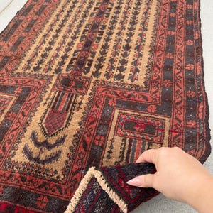 3x5 (91x152) Handmade Vintage Afghan Baluch Rug | Brick Blood