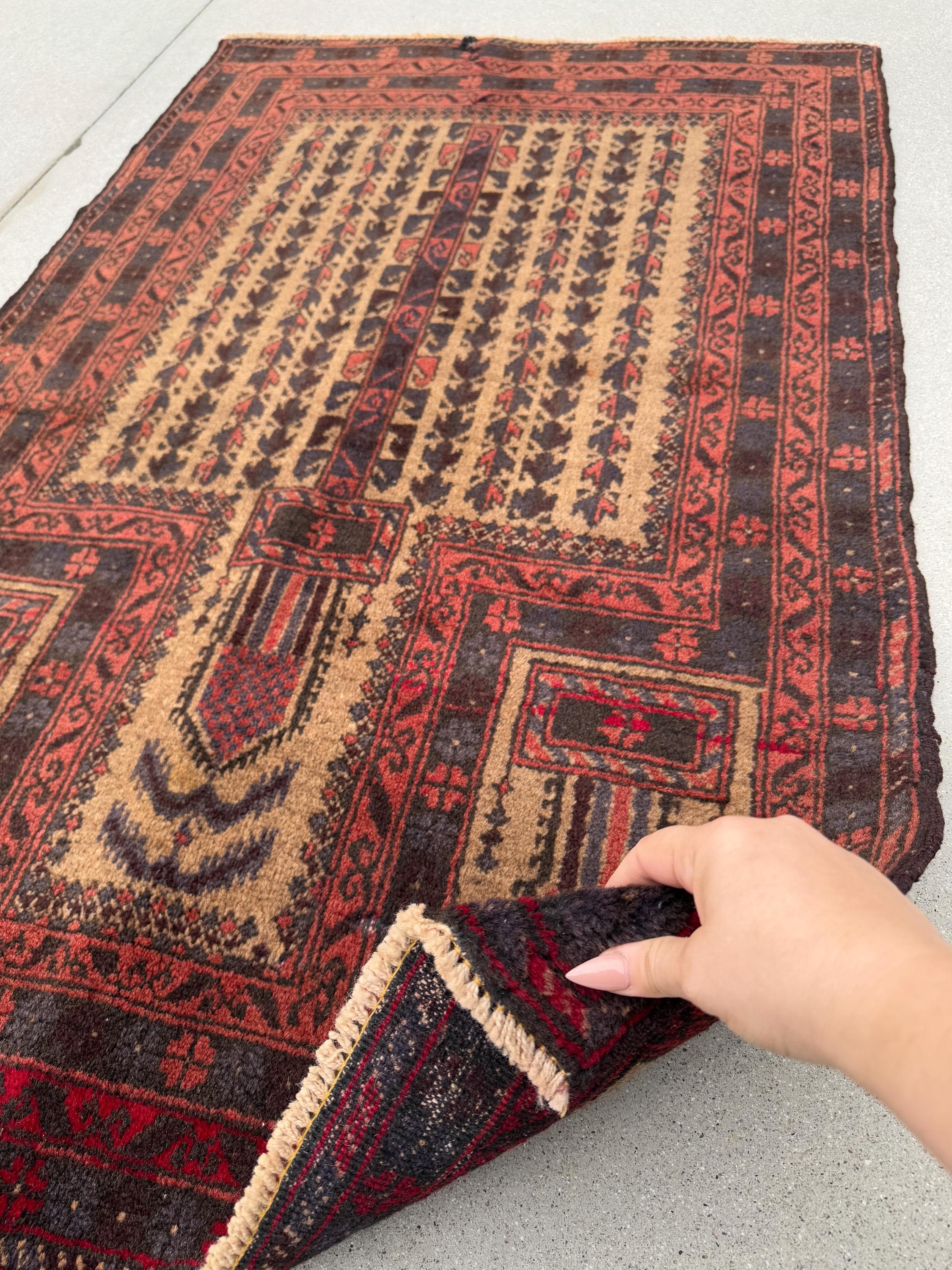 3x5 (91x152) Handmade Vintage Afghan Baluch Rug | Brick Blood