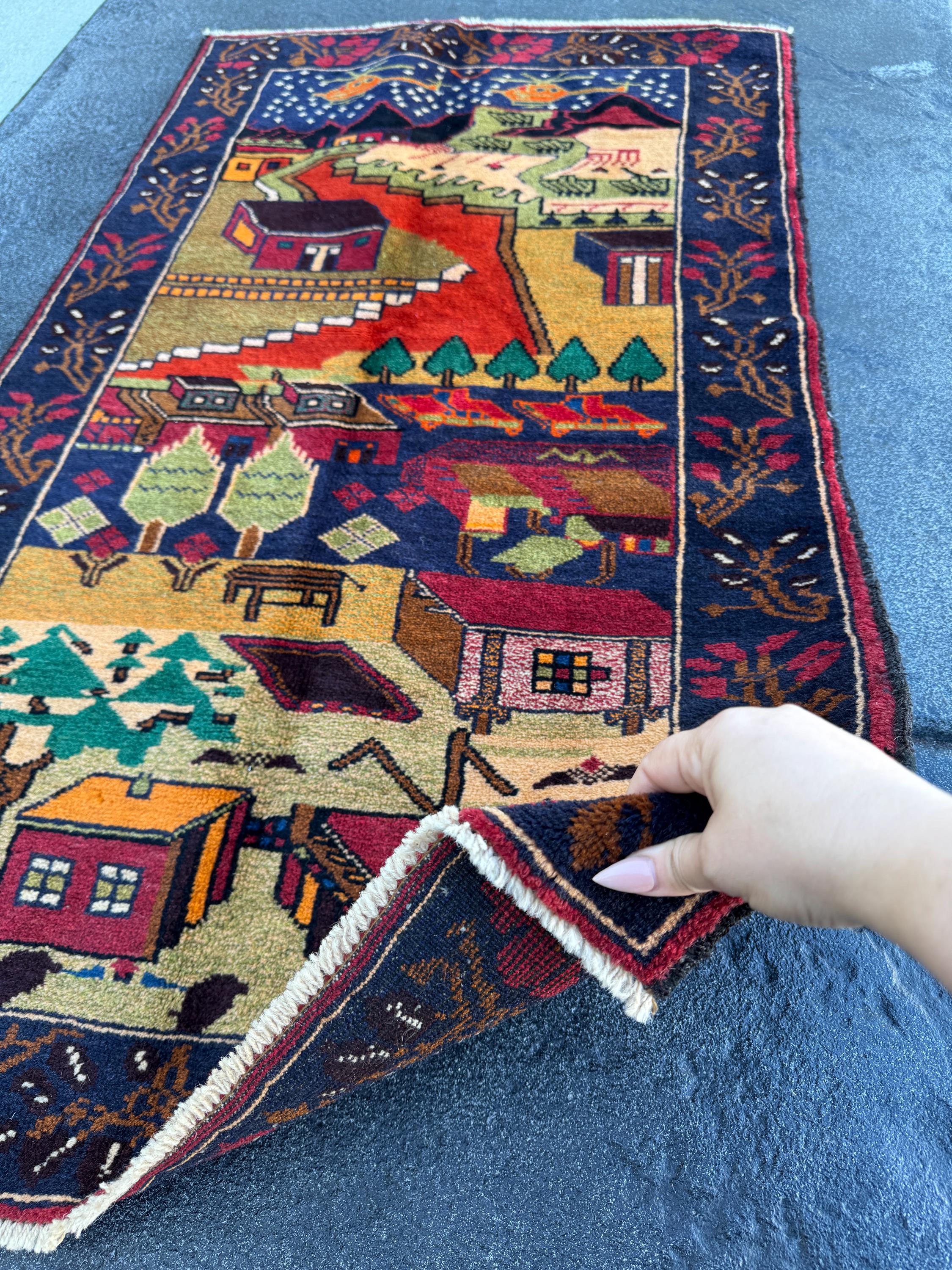 ラグ・カーペット Sistan baluch rug 3x4-5 Handmade Vintage Afghan Baluch Rug Navy Blue Scarlet Brick