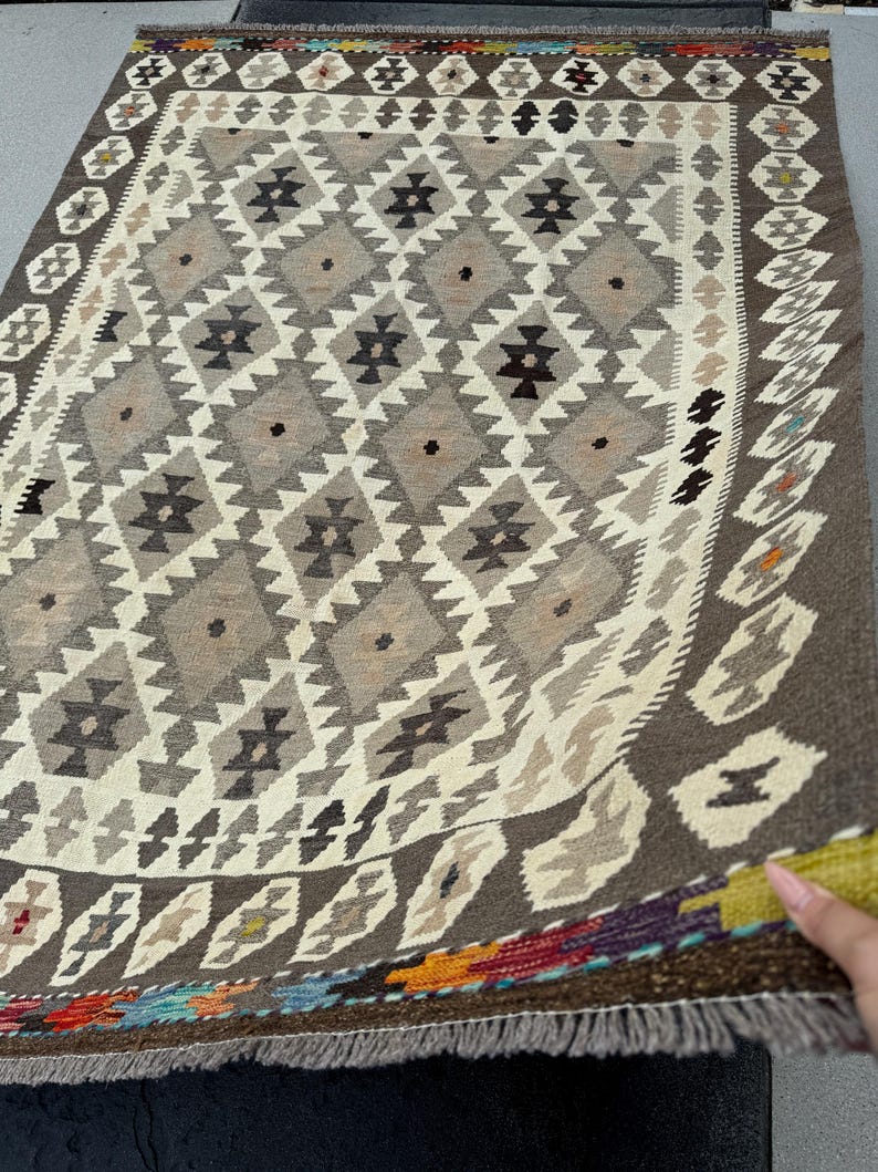5x7 150x200 Handmade Afghan Kilim Rug Cream Beige Tan Chocolate Brown