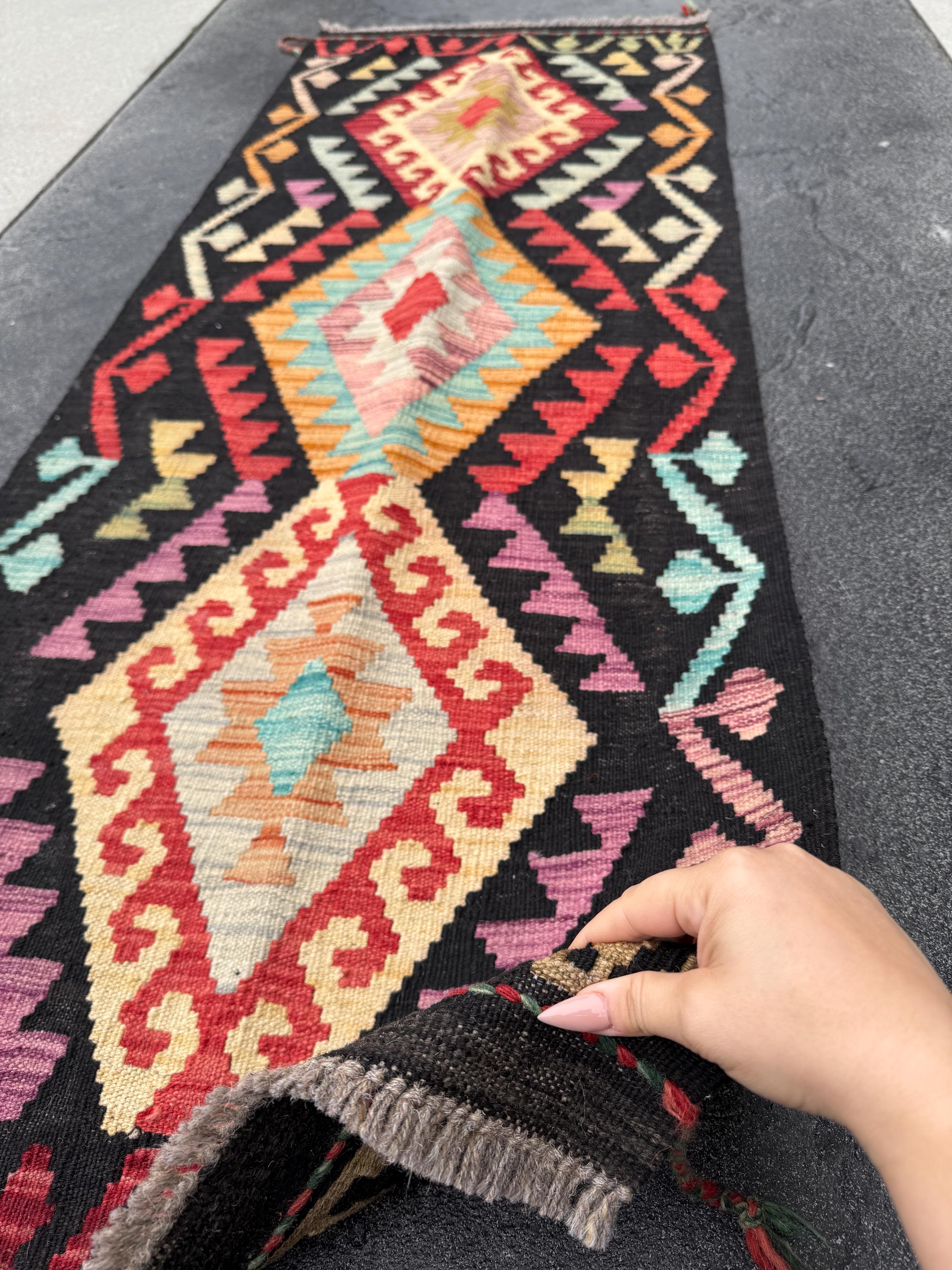 2x6 (61x182) ハンドメイドアフガンキリムランナーラグ | ブラック