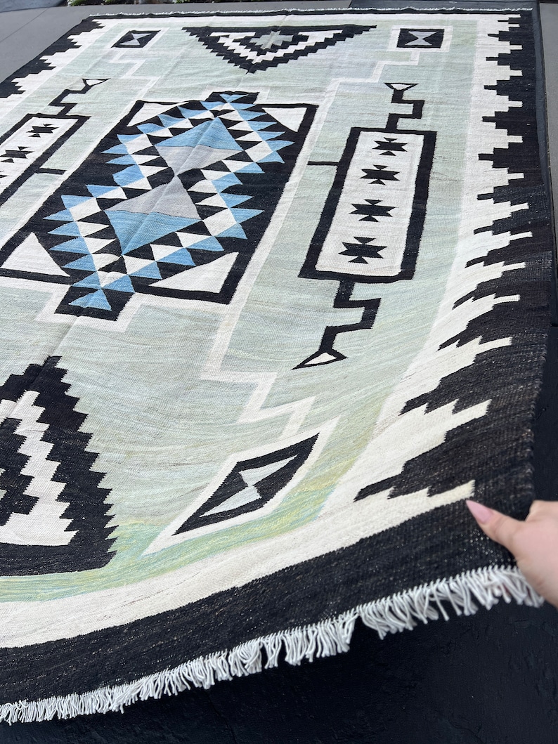 305x425 Rug 10x14 (305x425) Handmade Afghan Kilim Rug | Mint Green Black Ivory ...