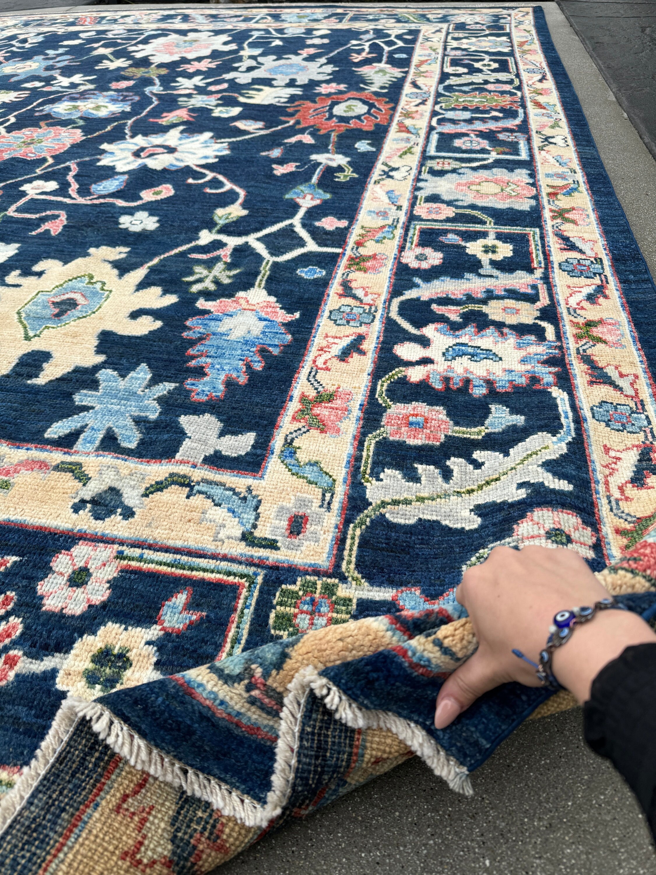 9x12 (274x366) Handmade Afghan Rug | Navy Blue Cream Beige