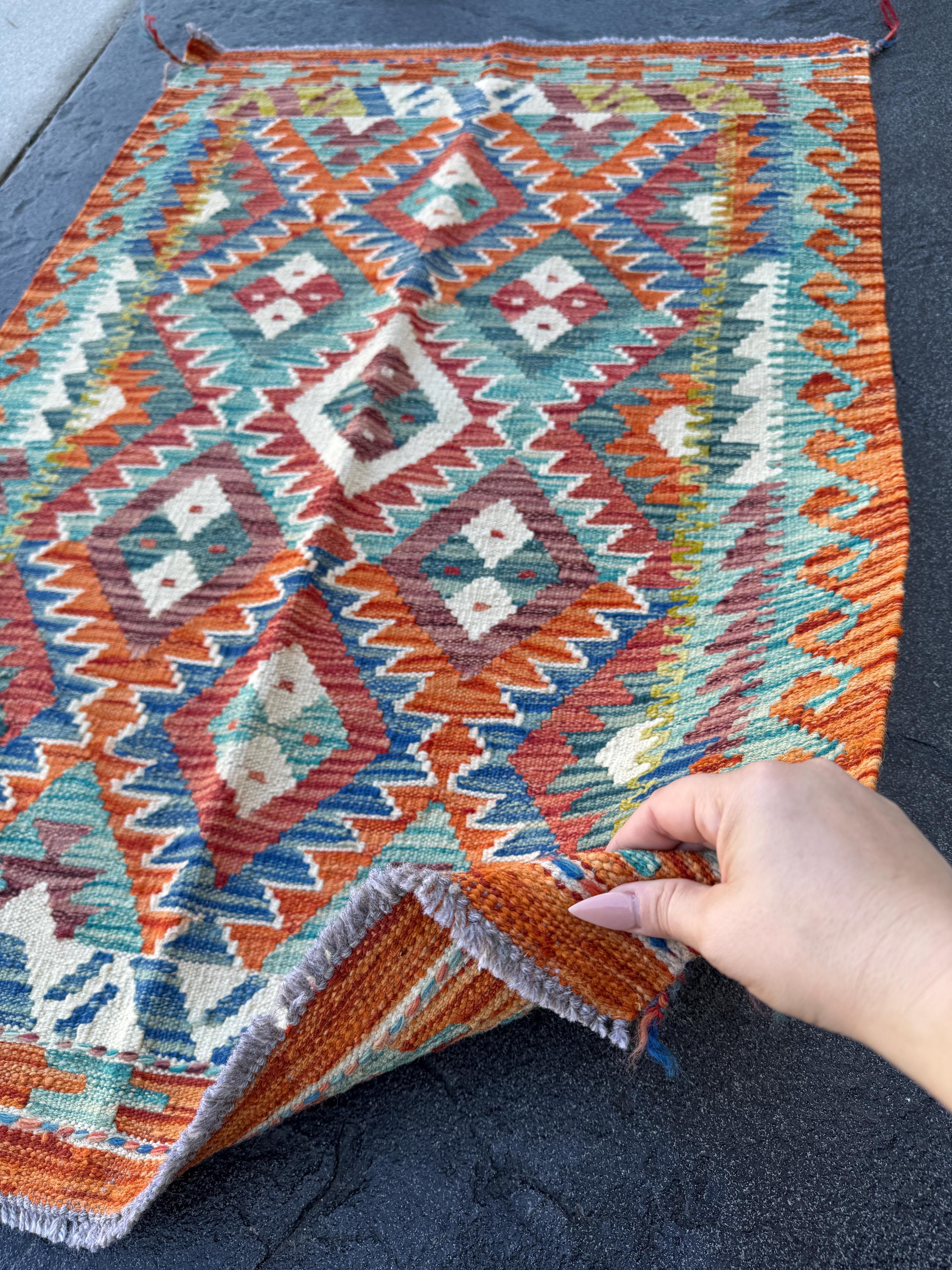 3x4 ハンドメイド アフガン キリム ランナーラグ | オレンジデニム