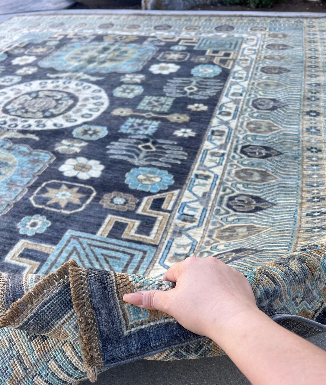 8x9 Rug 8x9 Handmade Afghan Rug | Charcoal Cool Grey Teal Moss Green Black ...