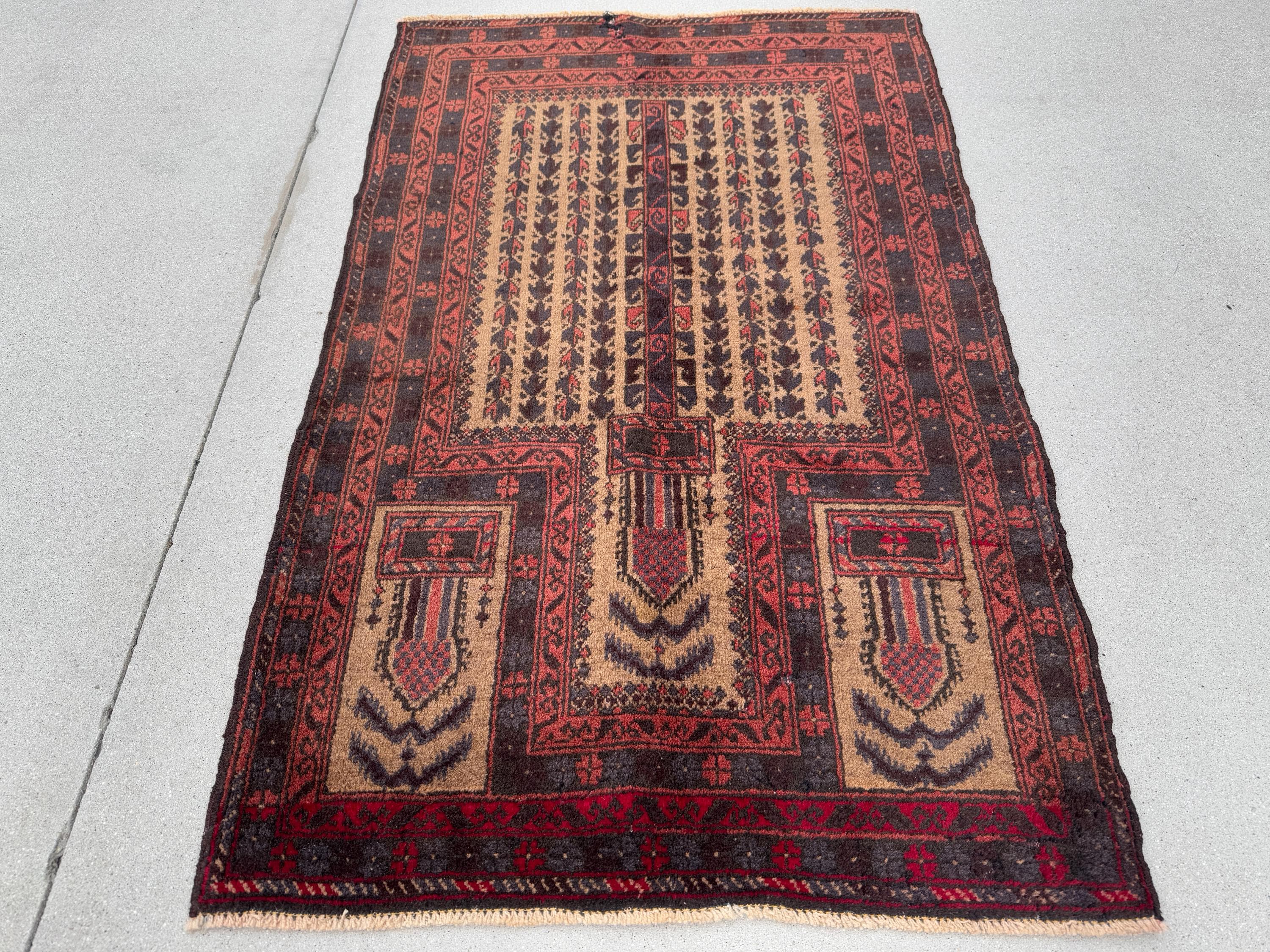 3x5 (91x152) Handmade Vintage Afghan Baluch Rug | Brick Blood