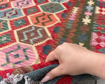 7x10 (215x305) Handmade Afghan Kilim Flatweave Rug | Olive Green Cream Red Pink Orange Blue | Boho Moroccan Outdoor Wool Turkish