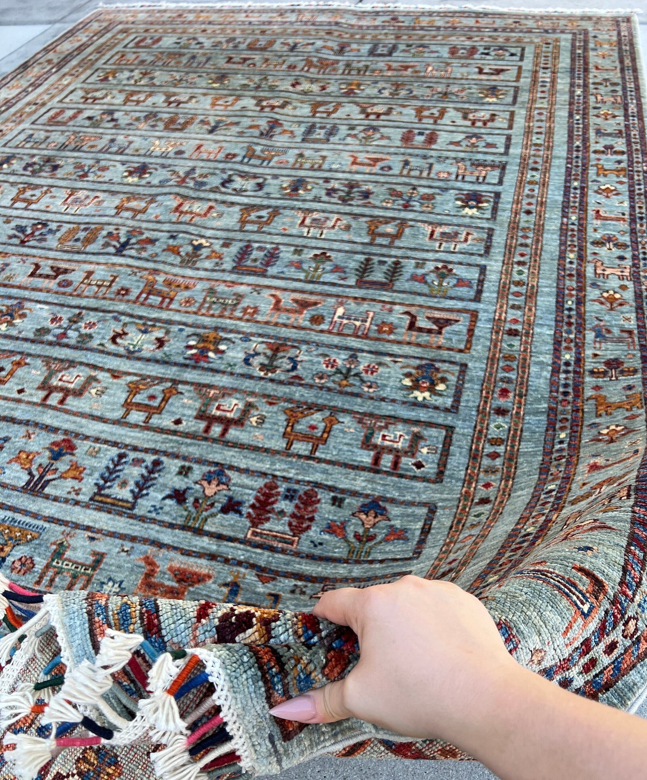 7x10 (215x305) Handmade Afghan Rug | Blue Grey Orange Navy