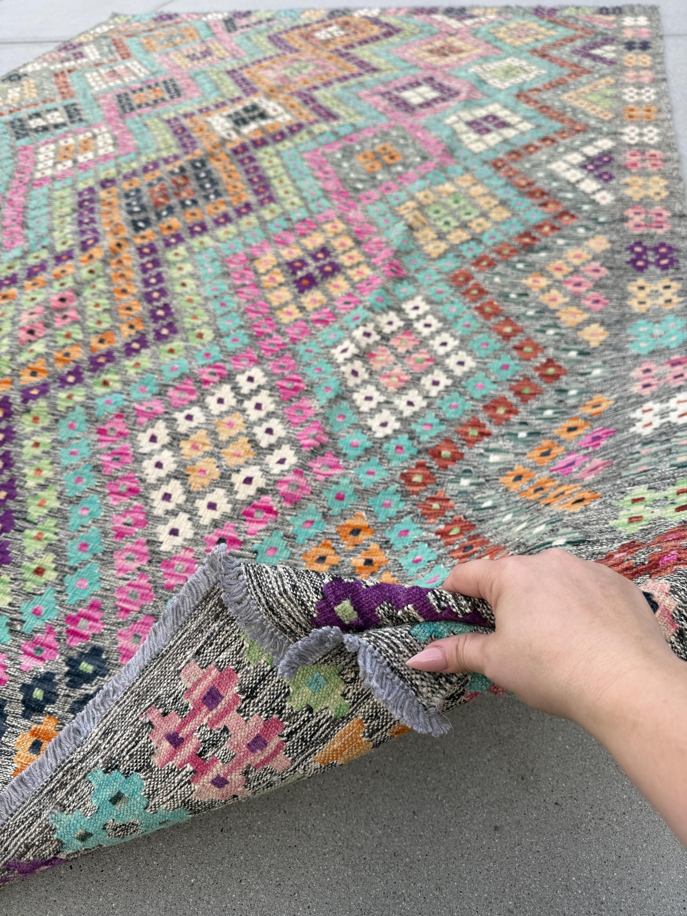 7x10 Handmade Afghan Kilim Rug | Grey Black Eggplant Purple Rust
