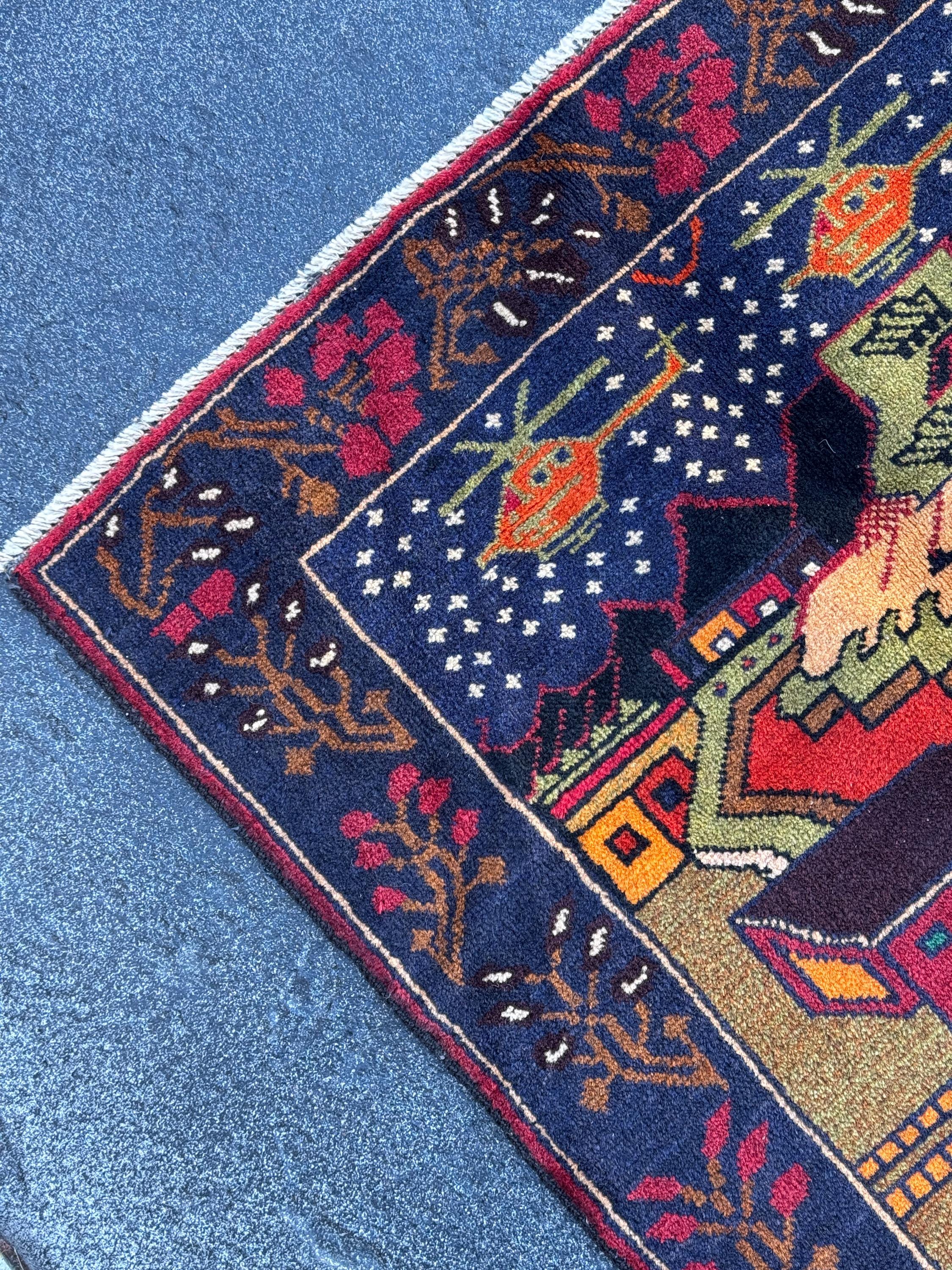 3x4-5 Handmade Vintage Afghan Baluch Rug Navy Blue Scarlet Brick