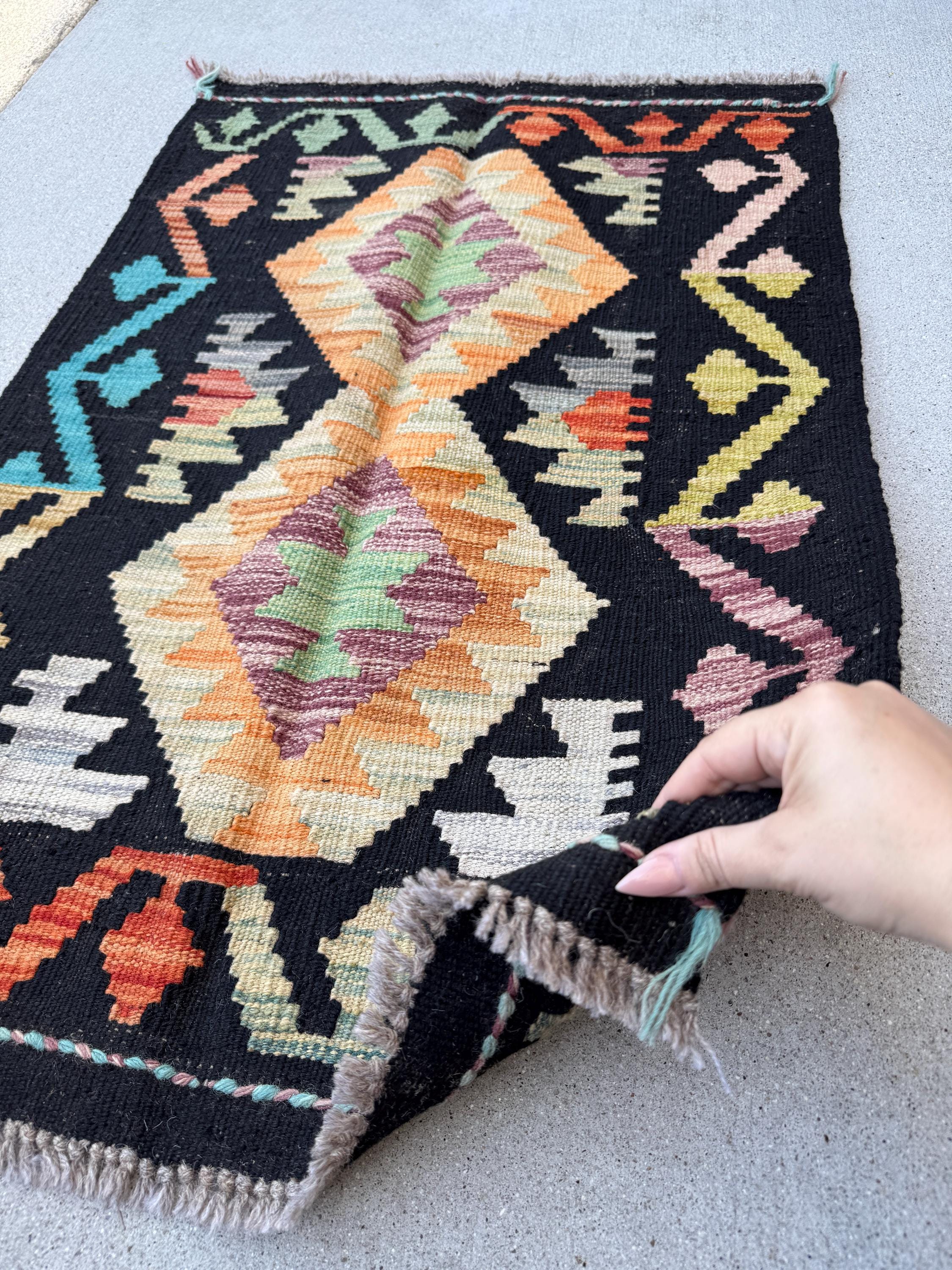 2x3 (61x91) Handmade Afghan Kilim Rug | Black Burnt Peach Saffron