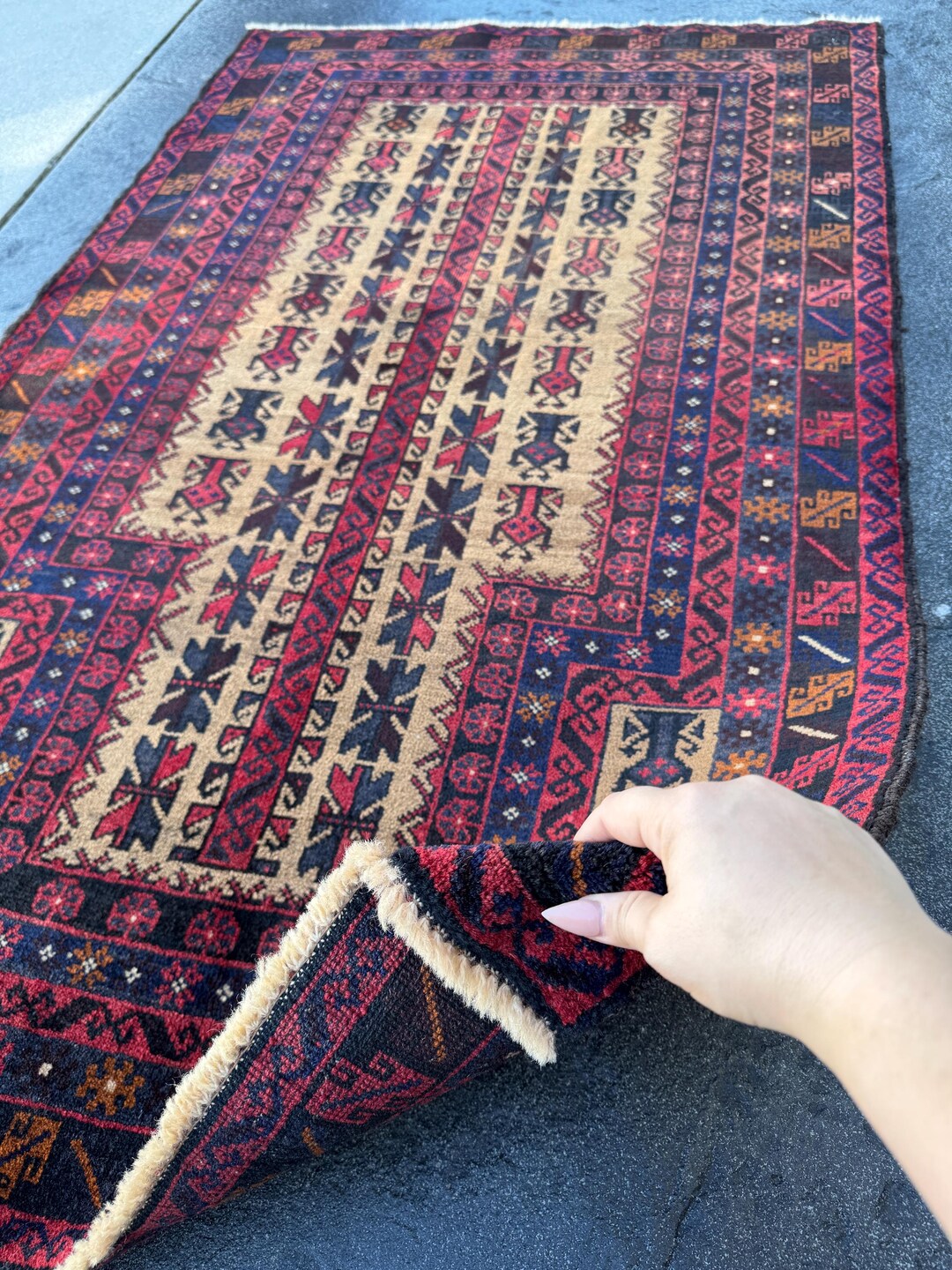 Afghan baluch rug※今だけお値下げ！ Afghan Baluch Rug 4x6, Tribal, Geometric, Unique Colors, Triple