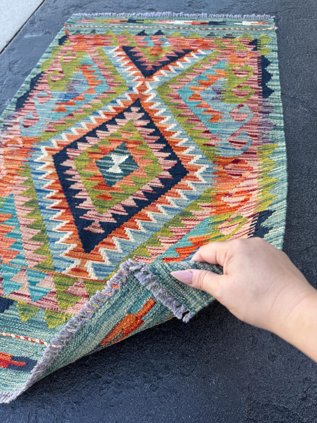2-3x4 (91x121) Handmade Afghan Kilim Rug | Teal Aqua Midnight Navy