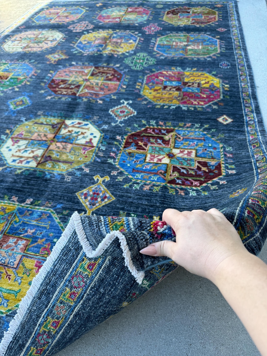 Prussian Rugs 5x8 (152x243) Handmade Afghan Rug | Prussian Navy Denim Sky Aqua Blue ...
