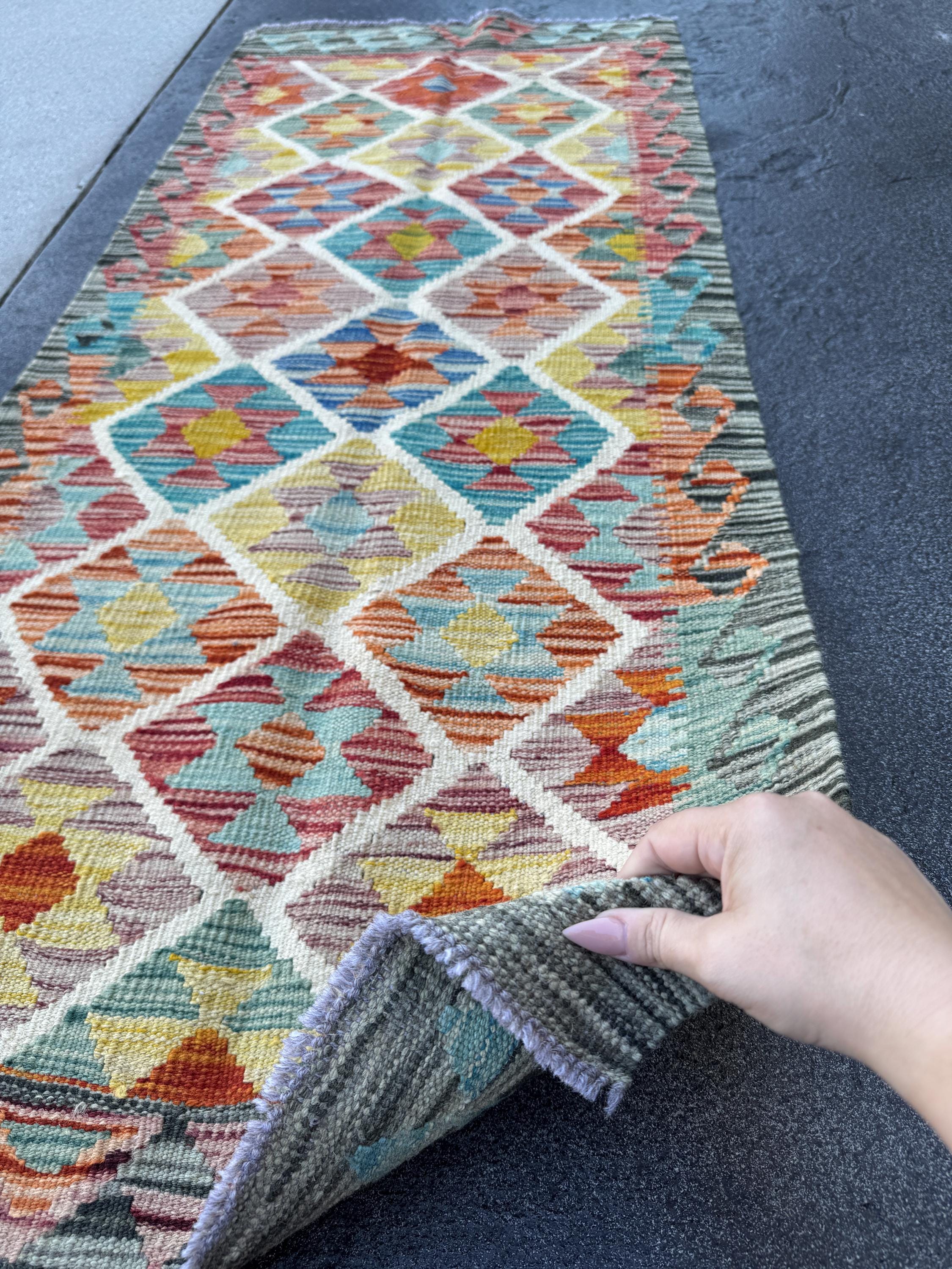 その他 Afghan Hodrang Kilim 2x5 Handmade Afghan Kilim Runner Rug | Sage Green Rust Red Burnt
