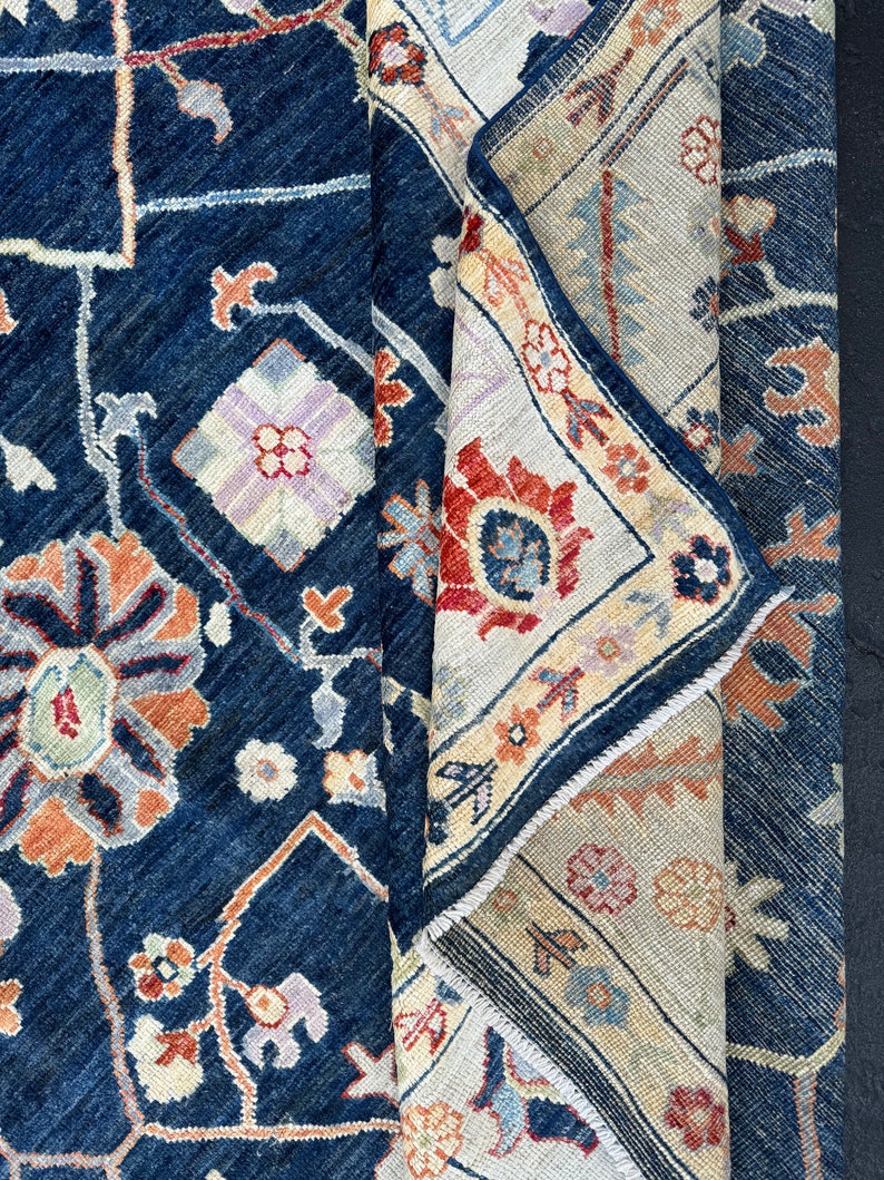 8x10 Handmade Afghan Rug Navy Blue Ivory Sage Green Peach Terra Cotta